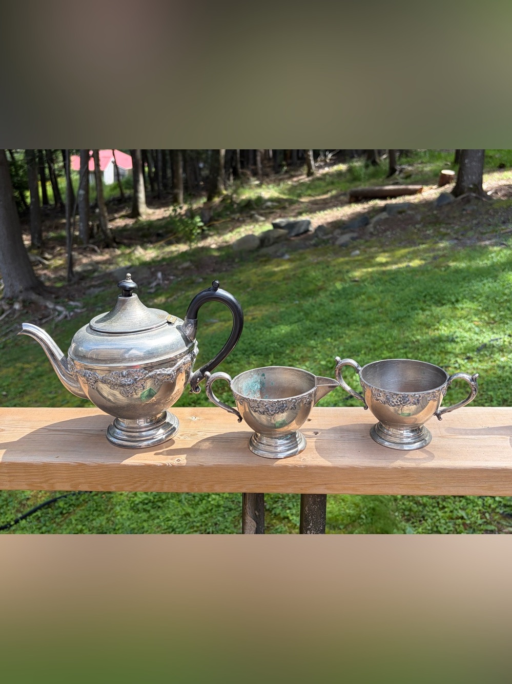 Vintage Lehman Bros Silver on Copper 3-Piece Tea Set, Grape & Vine Pattern 42